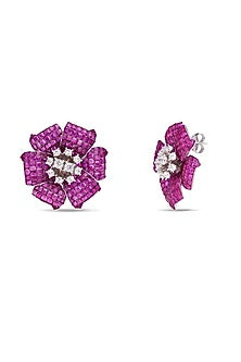 White Rhodium Finish Ruby Spinel Stone Floral Stud Earrings In Sterling Silver
