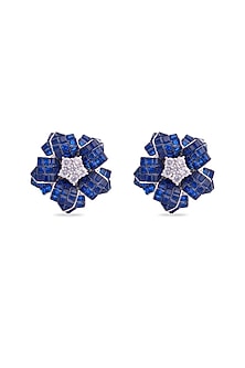 White Rhodium Finish Cubic Zirconia & Sapphire Spinel Stone Floral Stud Earrings In Sterling Silver