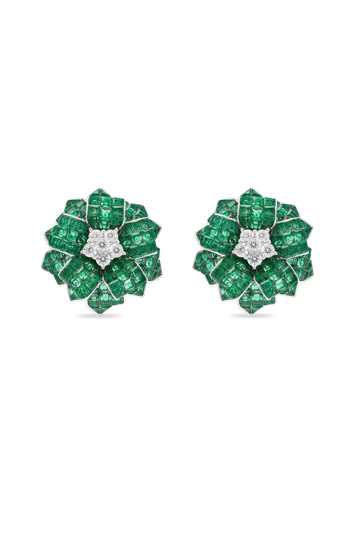 White Rhodium Finish Cubic Zirconia & Emerald Spinel Stone Floral Stud Earrings In Sterling Silver