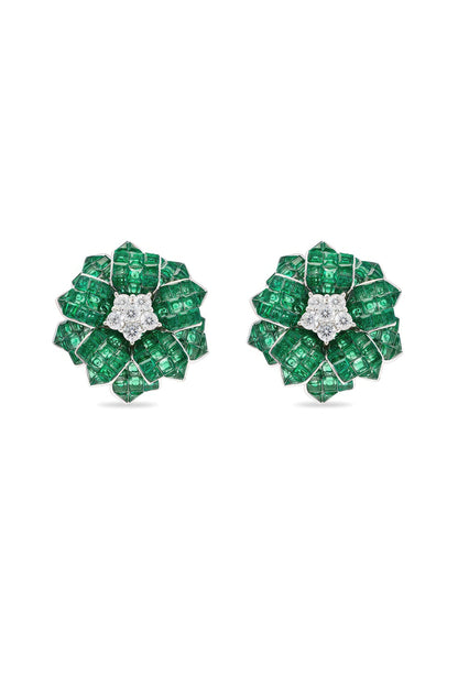 White Rhodium Finish Cubic Zirconia & Emerald Spinel Stone Floral Stud Earrings In Sterling Silver
