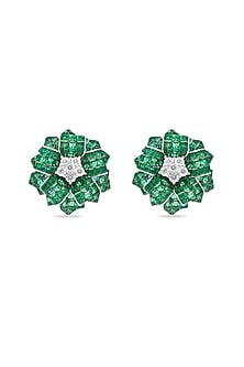 White Rhodium Finish Cubic Zirconia & Emerald Spinel Stone Floral Stud Earrings In Sterling Silver