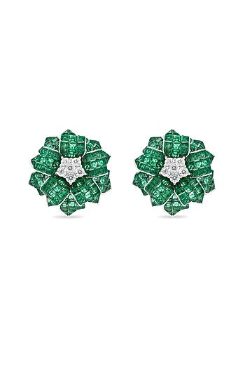 White Rhodium Finish Cubic Zirconia & Emerald Spinel Stone Floral Stud Earrings In Sterling Silver