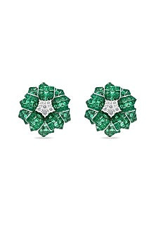 White Rhodium Finish Cubic Zirconia & Emerald Spinel Stone Floral Stud Earrings In Sterling Silver