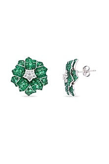 White Rhodium Finish Cubic Zirconia & Emerald Spinel Stone Floral Stud Earrings In Sterling Silver