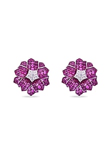 White Rhodium Finish Cubic Zirconia & Ruby Spinel Stone Floral Stud Earrings In Sterling Silver