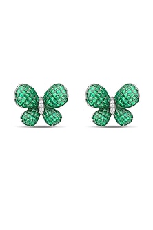White Rhodium Finish Emerald Butterfly Stud Earrings In Sterling Silver