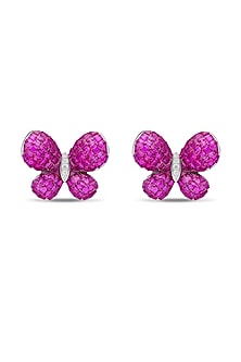 White Rhodium Finish Ruby Butterfly Stud Earrings In Sterling Silver