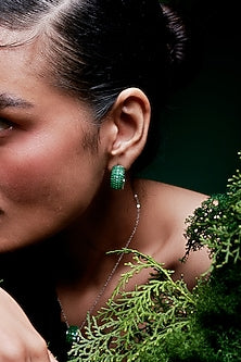 White Rhodium Finish Emerald Spinel Stone Huggie Earrings In Sterling Silver