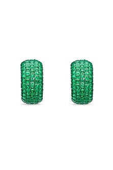 White Rhodium Finish Emerald Spinel Stone Huggie Earrings In Sterling Silver