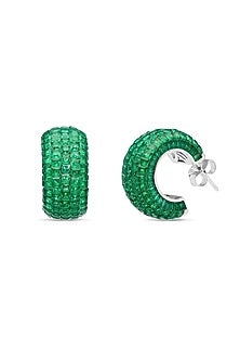 White Rhodium Finish Emerald Spinel Stone Huggie Earrings In Sterling Silver