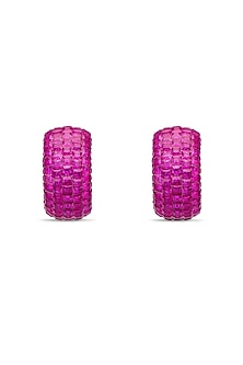 White Rhodium Finish Ruby Spinel Stone Huggie Earrings In Sterling Silver