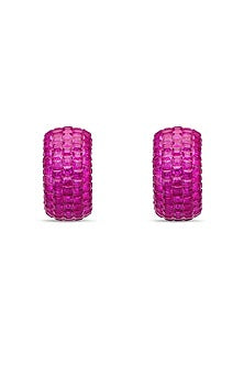 White Rhodium Finish Ruby Spinel Stone Huggie Earrings In Sterling Silver