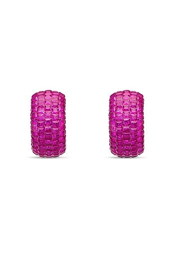 White Rhodium Finish Ruby Spinel Stone Huggie Earrings In Sterling Silver