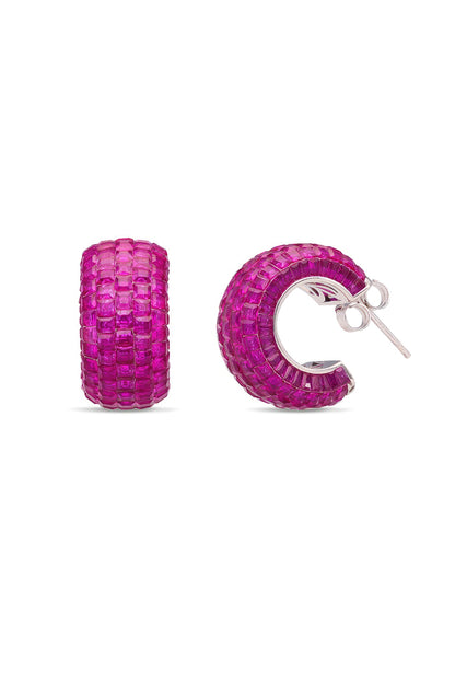 White Rhodium Finish Ruby Spinel Stone Huggie Earrings In Sterling Silver