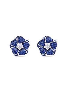 White Rhodium Finish Sapphire Stone Floral Stud Earrings In Sterling Silver