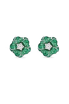 White Rhodium Finish Emerald Stone Floral Stud Earrings In Sterling Silver