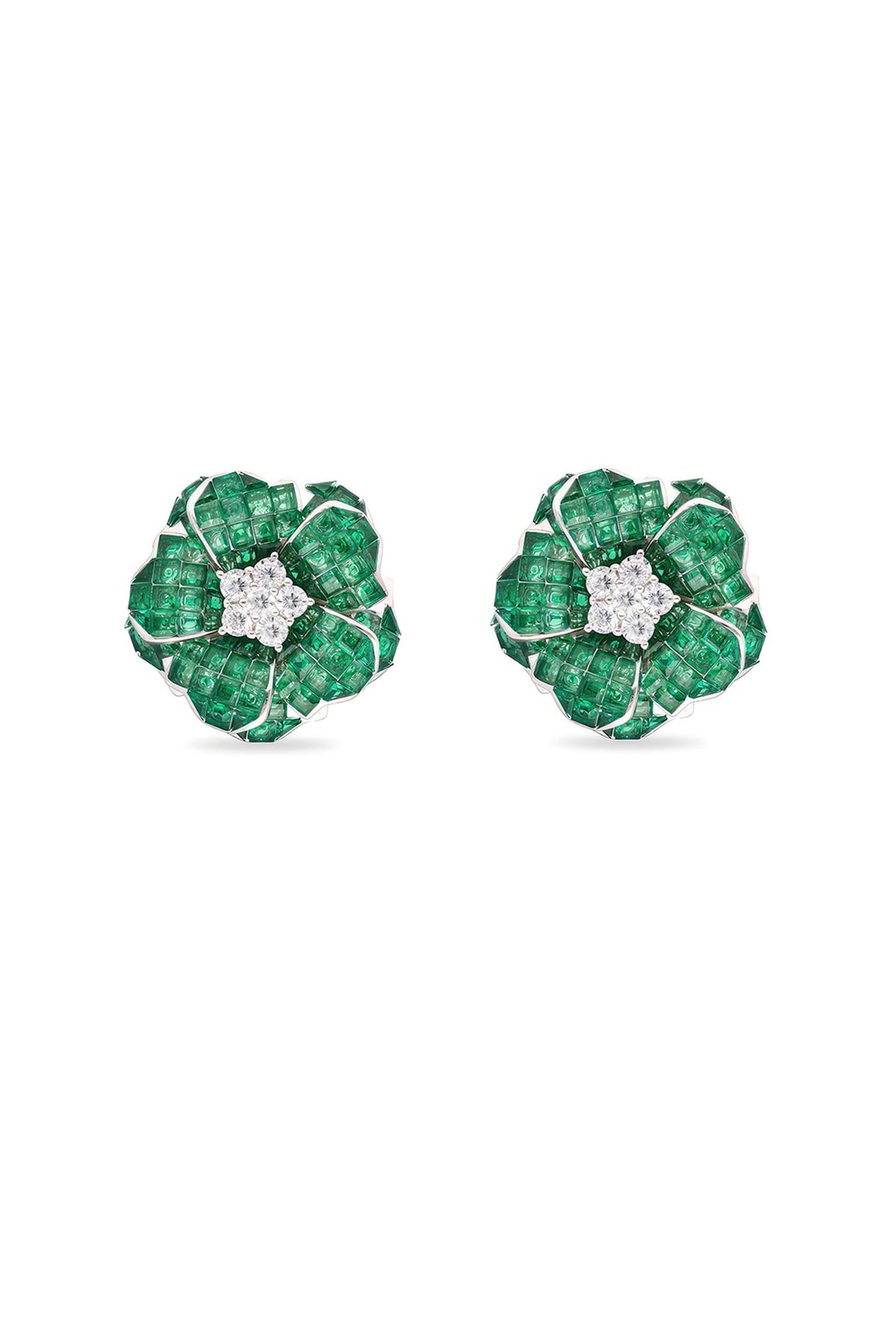 White Rhodium Finish Emerald Stone Floral Stud Earrings In Sterling Silver