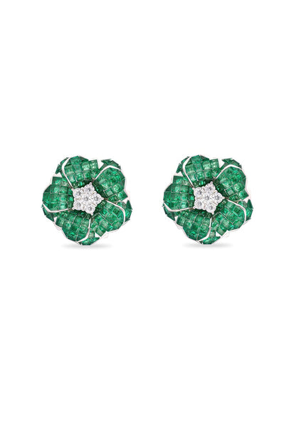 White Rhodium Finish Emerald Stone Floral Stud Earrings In Sterling Silver