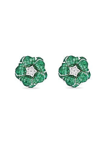 White Rhodium Finish Emerald Stone Floral Stud Earrings In Sterling Silver