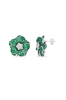 White Rhodium Finish Emerald Stone Floral Stud Earrings In Sterling Silver