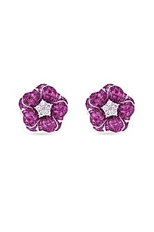 White Rhodium Finish Ruby Stone Floral Stud Earrings In Sterling Silver