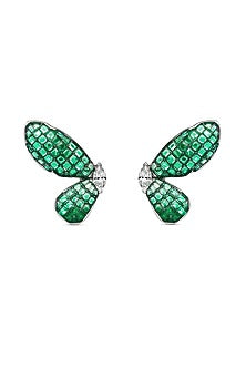 White Rhodium Finish Emerald Spinel Stone Butterfly Stud Earrings In Sterling Silver