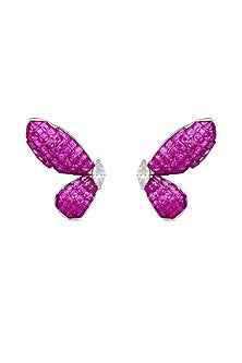 White Rhodium Finish Ruby Spinel Stone Butterfly Stud Earrings In Sterling Silver