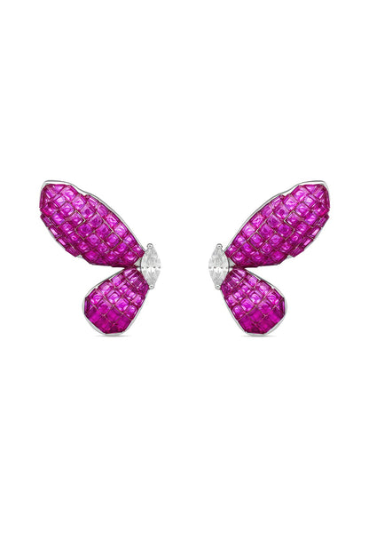 White Rhodium Finish Ruby Spinel Stone Butterfly Stud Earrings In Sterling Silver