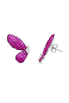 White Rhodium Finish Ruby Spinel Stone Butterfly Stud Earrings In Sterling Silver