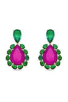 Gold Finish Deep Pink Natural Stone Dangler Earrings In Sterling Silver