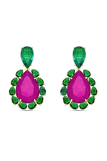Gold Finish Deep Pink Natural Stone Dangler Earrings In Sterling Silver