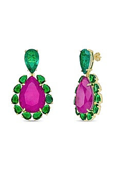 Gold Finish Deep Pink Natural Stone Dangler Earrings In Sterling Silver