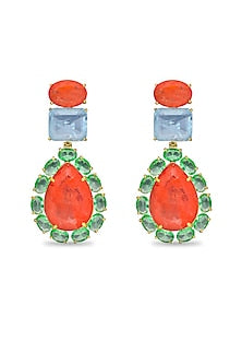 Gold Finish Coral Orange & Sky Blue Natural Stone Dangler Earrings In Sterling Silver