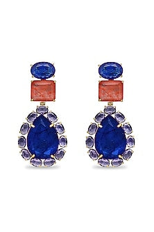 Gold Finish Coral Orange & Dark Blue Natural Stone Dangler Earrings In Sterling Silver