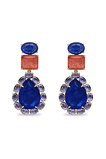 Gold Finish Coral Orange & Dark Blue Natural Stone Dangler Earrings In Sterling Silver