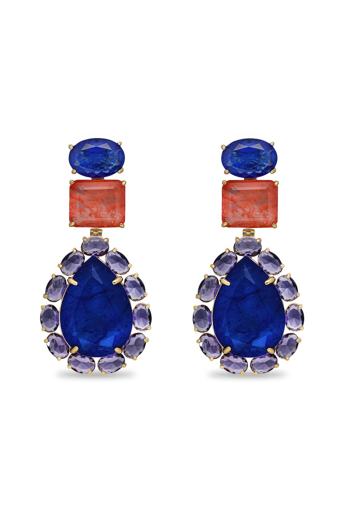 Gold Finish Coral Orange & Dark Blue Natural Stone Dangler Earrings In Sterling Silver