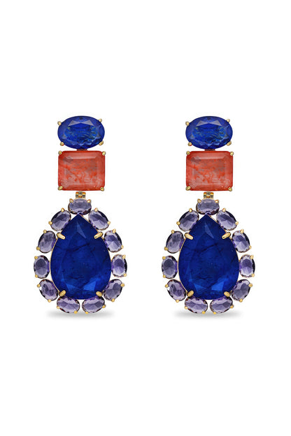 Gold Finish Coral Orange & Dark Blue Natural Stone Dangler Earrings In Sterling Silver