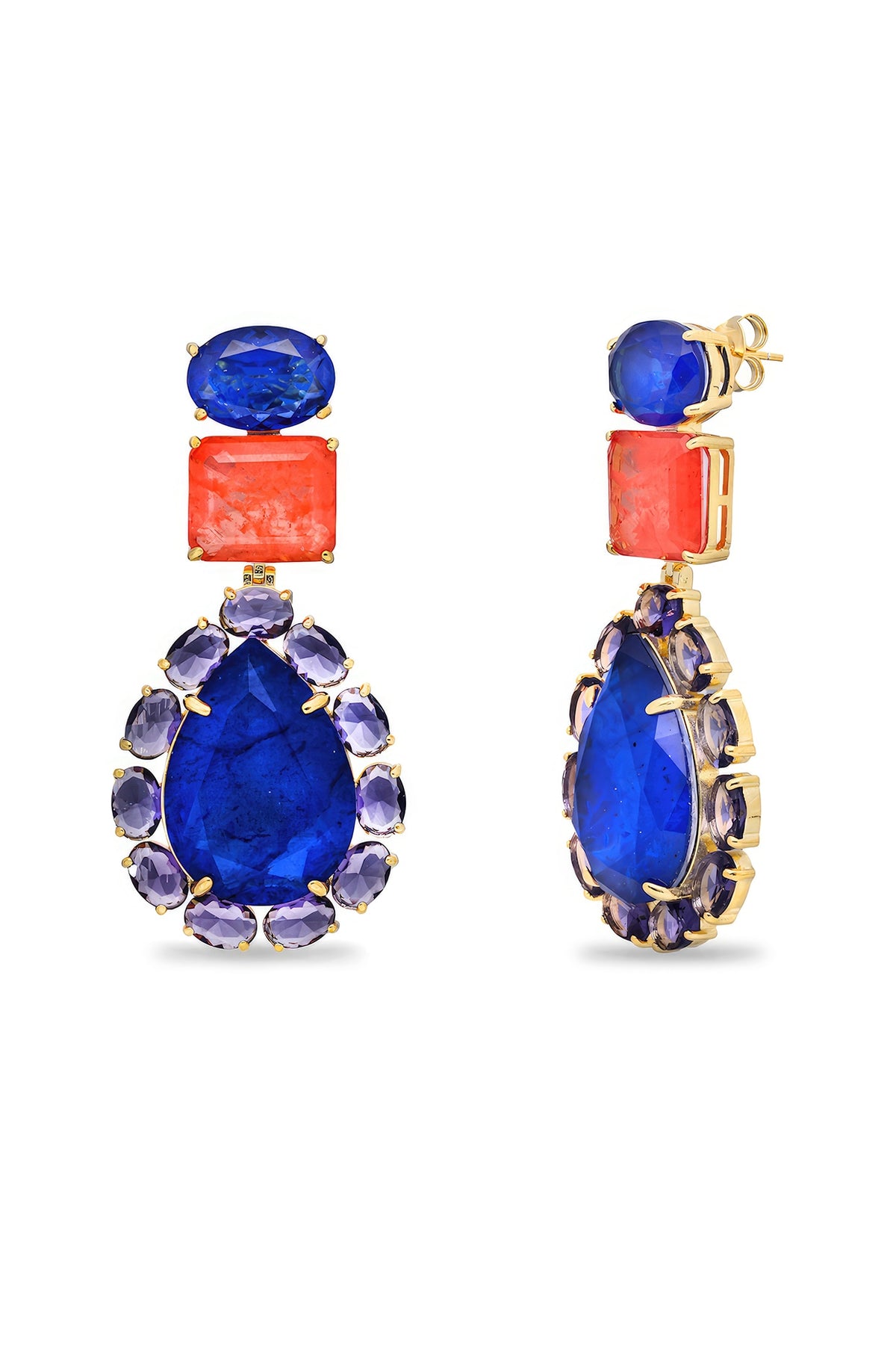 Gold Finish Coral Orange & Dark Blue Natural Stone Dangler Earrings In Sterling Silver