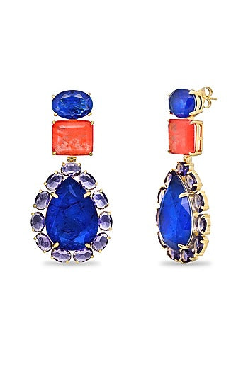 Gold Finish Coral Orange & Dark Blue Natural Stone Dangler Earrings In Sterling Silver