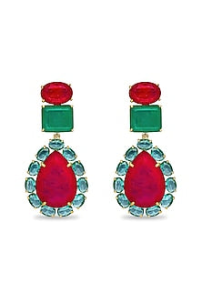 Gold Finish Deep Pink & Cyan Blue Natural Stone Dangler Earrings In Sterling Silver