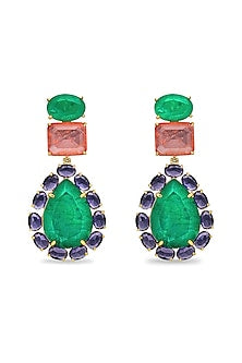 Gold Finish Emerald Green & Light Purple Natural Stone Dangler Earrings In Sterling Silver