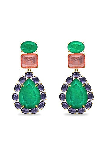 Gold Finish Emerald Green & Light Purple Natural Stone Dangler Earrings In Sterling Silver