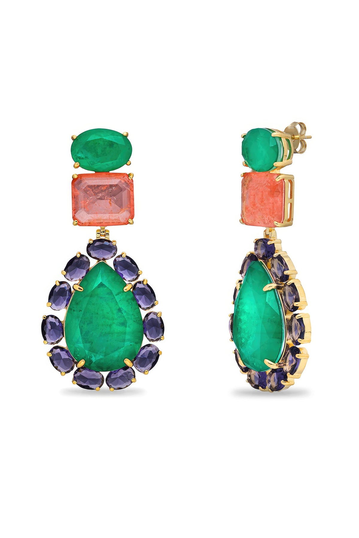 Gold Finish Emerald Green & Light Purple Natural Stone Dangler Earrings In Sterling Silver