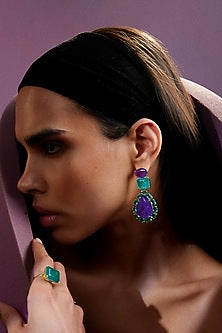 Gold Finish Emerald Green & Purple Natural Stone Dangler Earrings In Sterling Silver