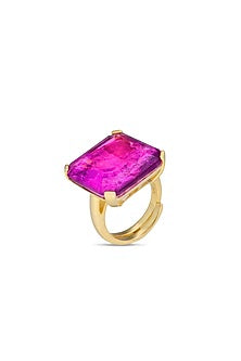 Gold Finish Dark Magenta Natural Stone Adjustable Ring In Sterling Silver