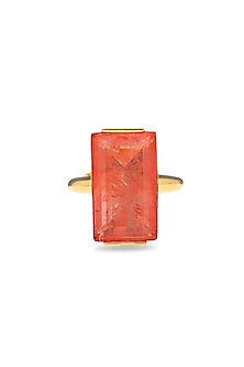 Gold Finish Coral Orange Natural Stone Aztec Adjustable Ring In Sterling Silver