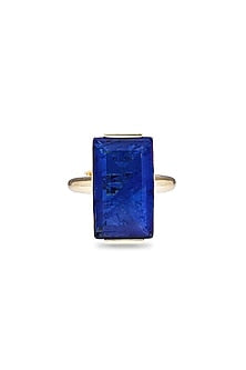 Gold Finish Dark Blue Natural Stone Aztec Adjustable Ring In Sterling Silver