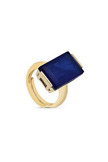 Gold Finish Dark Blue Natural Stone Aztec Adjustable Ring In Sterling Silver