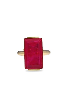 Gold Finish Deep Pink Natural Stone Aztec Adjustable Ring In Sterling Silver