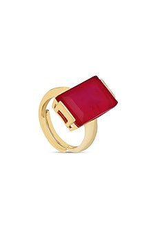 Gold Finish Deep Pink Natural Stone Aztec Adjustable Ring In Sterling Silver